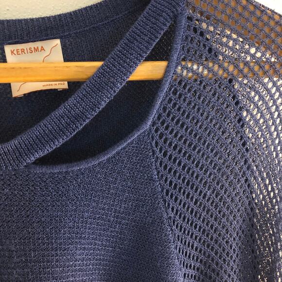 kerisma blue 3/4 length sleeve top sheer knit solid unique Size M/L. - Picture 3 of 5